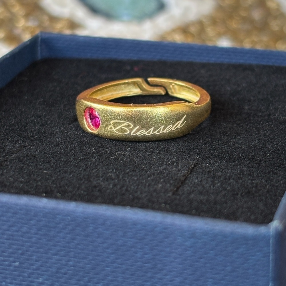 Brand New 14K Gold Plated Sterling Silver “Blessed” Ruby July Birthstone Ring